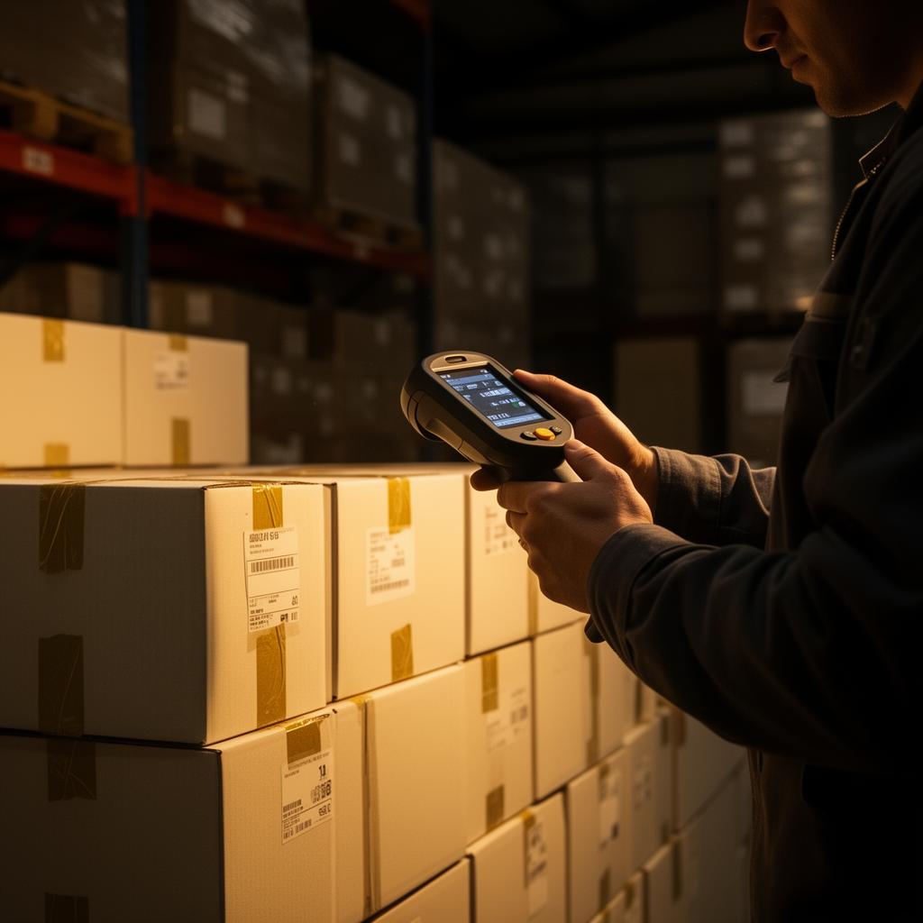 Worker scanning warehouse boxes